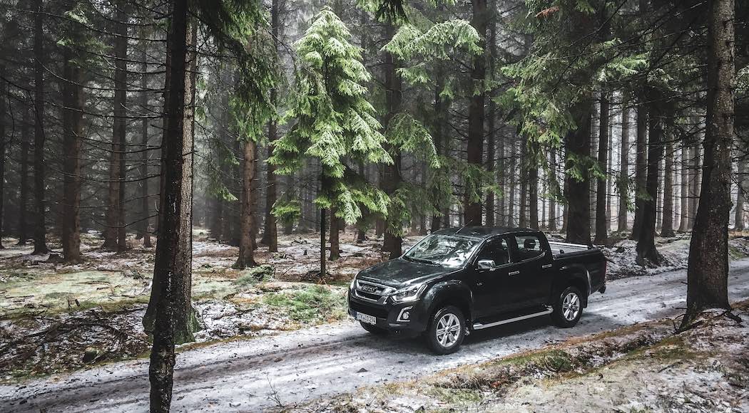 Černý pickup Isuzu D-Max v lese